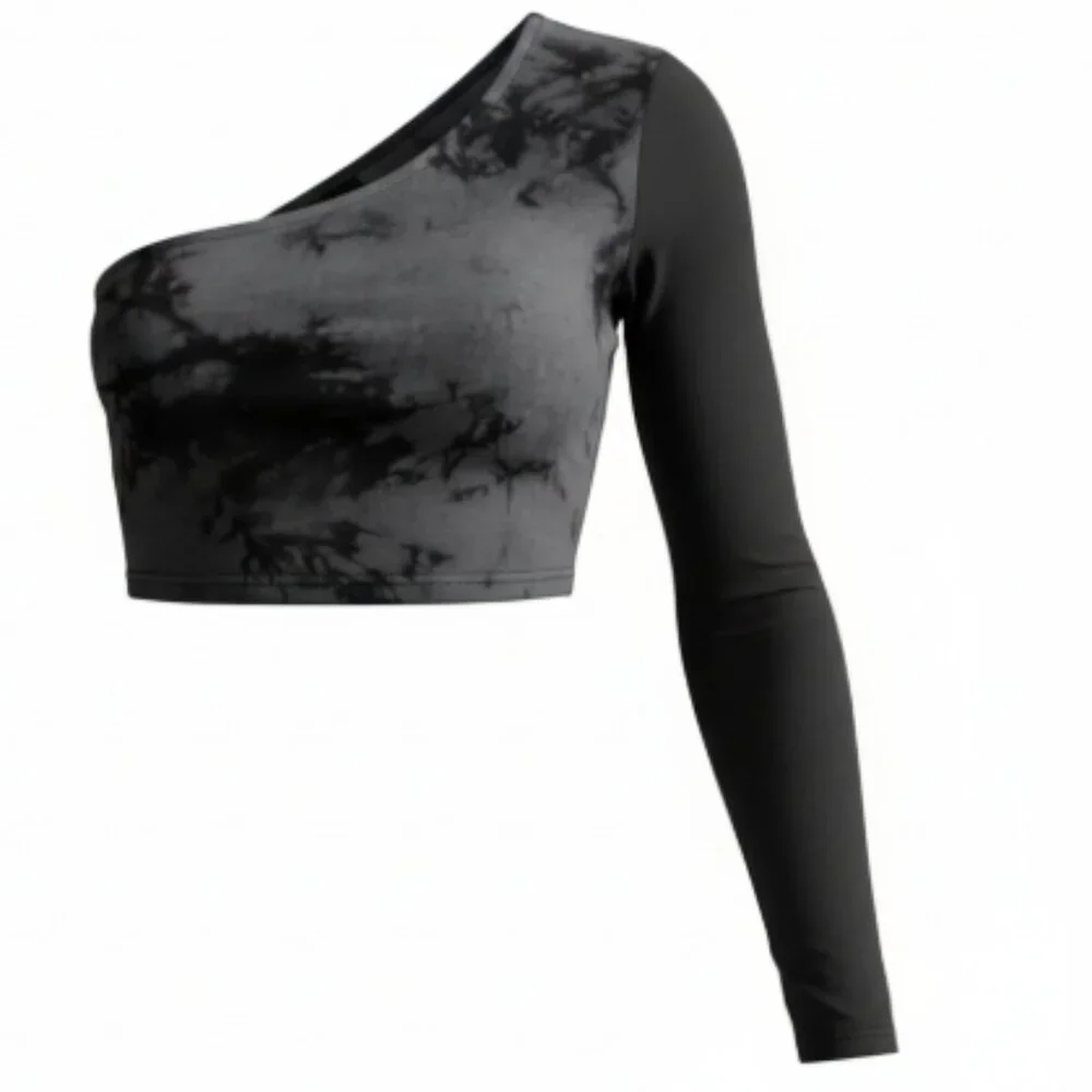 Women’s One Shoulder Crop Top XL Black Gray Tie Dye Asymmetrical Long Sleeve - Picture 2 of 10